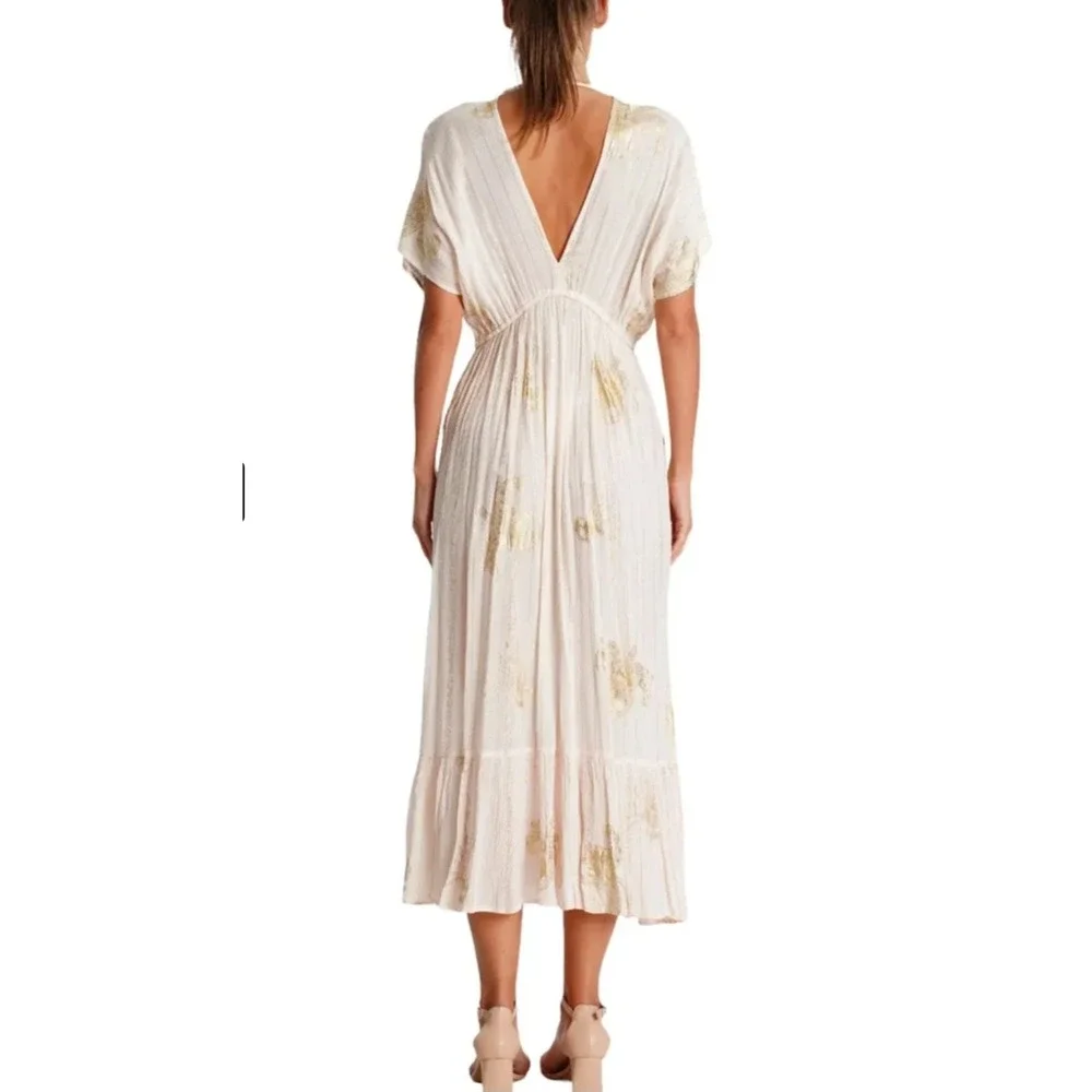 Club Moda Cream Gold Metallic Octopus Jellyfish Maxi Dress Boho Resort S/M